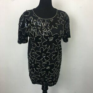 Vintage Adrienne Vittadini Black Floral Sequined Short Sleeve Blouse - Size M